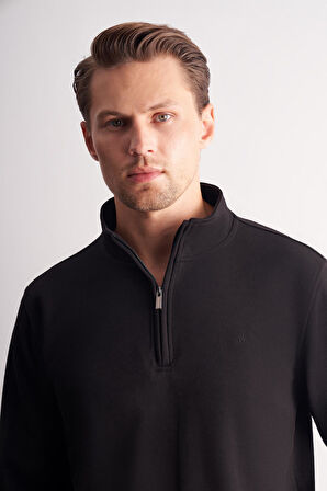 Siyah Uzun Kol Hakim Yaka Düz Pamuklu Comfort Fit Sweatshirt 1013255151