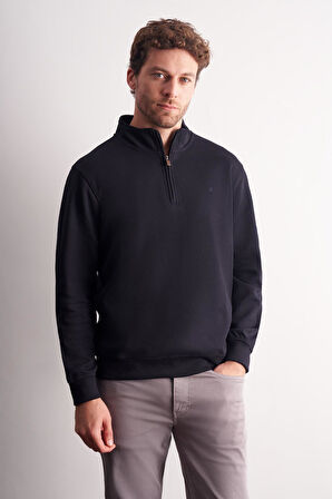 Lacivert Uzun Kol Hakim Yaka Düz Pamuklu Comfort Fit Sweatshirt 1013255151