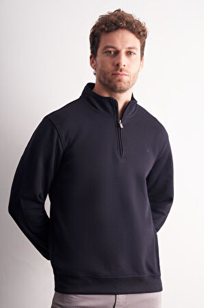 Lacivert Uzun Kol Hakim Yaka Düz Pamuklu Comfort Fit Sweatshirt 1013255151