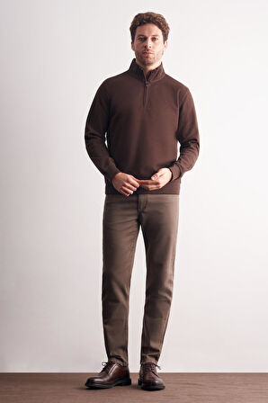 Kahverengi Uzun Kol Hakim Yaka Düz Pamuklu Comfort Fit Sweatshirt 1013255151