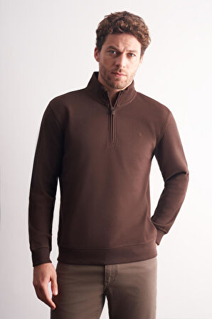 Kahverengi Uzun Kol Hakim Yaka Düz Pamuklu Comfort Fit Sweatshirt 1013255151