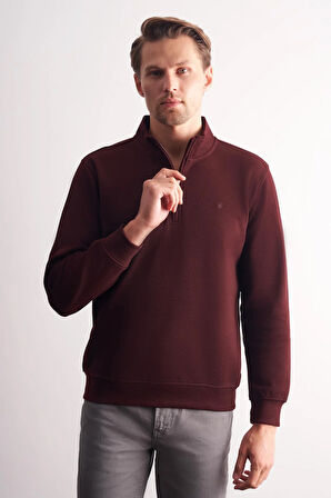 Bordo Uzun Kol Hakim Yaka Düz Pamuklu Comfort Fit Sweatshirt 1013255151