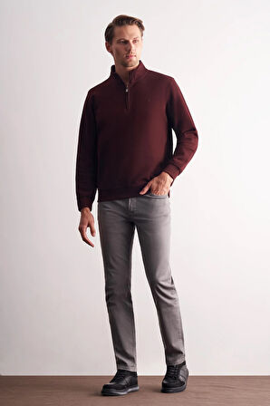 Bordo Uzun Kol Hakim Yaka Düz Pamuklu Comfort Fit Sweatshirt 1013255151