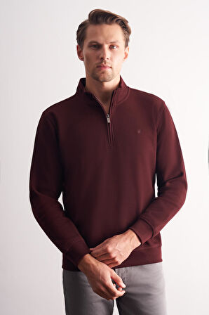 Bordo Uzun Kol Hakim Yaka Düz Pamuklu Comfort Fit Sweatshirt 1013255151