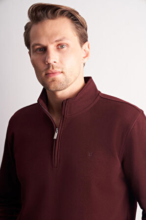 Bordo Uzun Kol Hakim Yaka Düz Pamuklu Comfort Fit Sweatshirt 1013255151
