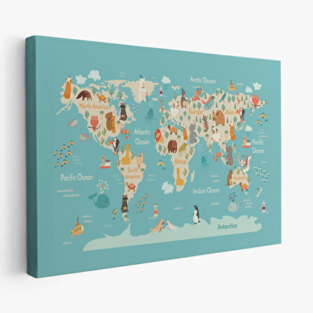 Harita Sepeti Hayvanlar Alemi Çocuk Odası Dünya Haritası Kanvas Tablo 1013