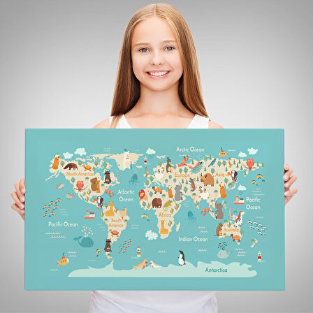 Harita Sepeti Hayvanlar Alemi Çocuk Odası Dünya Haritası Kanvas Tablo 1013