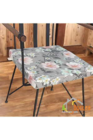 40x40 Çiçek Desenli Antrasit Gri Saten Fermuarlı Bağcıklı Sandalye Minderi 5 cm
