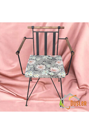 40x40 Çiçek Desenli Antrasit Gri Saten Fermuarlı Bağcıklı Sandalye Minderi 5 cm
