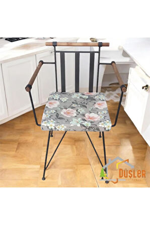 40x40 Çiçek Desenli Antrasit Gri Saten Fermuarlı Bağcıklı Sandalye Minderi 5 cm