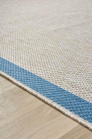 1015 Bej Sisal Halı Mavi Bordürlü Özel Ölçü Dokuma Hasır Halı Kaymaz Taban