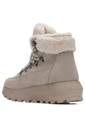 Günlük Kadın Bot Bağcıklı Kalın Yüksek Topuklu Kürk Astarlı Tırtıklı Taban Nubuk Bootie 1015