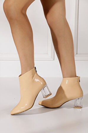 Günlük Kadın Kısa Bot Şeffaf Topuklu Ayakkabı Sivri Burun Arkadan Fermuarlı Bootie 1015