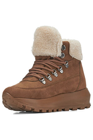 Günlük Kadın Bot Bağcıklı Kalın Yüksek Topuklu Kürk Astarlı Tırtıklı Taban Nubuk Bootie 1015