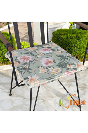 40x40 Çiçek Desenli Mint Yeşil Saten Fermuarlı Bağcıklı Krem Biyeli Sandalye Minderi 4 cm