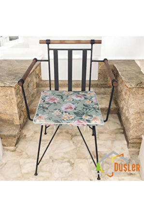 40x40 Çiçek Desenli Mint Yeşil Saten Fermuarlı Bağcıklı Krem Biyeli Sandalye Minderi 4 cm