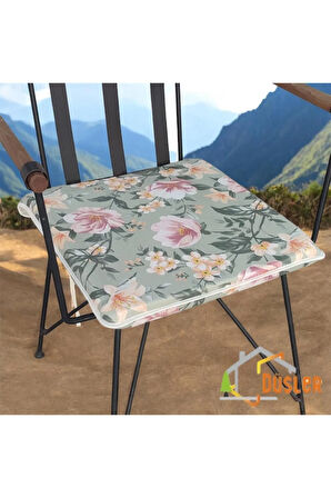 40x40 Çiçek Desenli Mint Yeşil Saten Fermuarlı Bağcıklı Krem Biyeli Sandalye Minderi 4 cm