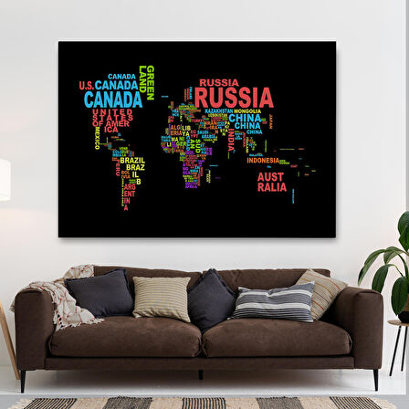 Harita Sepeti Siyah Zeminli Ülke İsimli Dünya Haritası Kanvas Tablo 1015