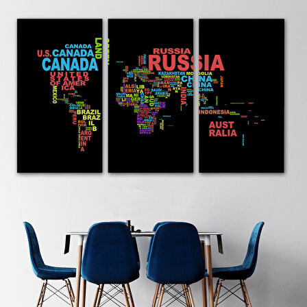 Harita Sepeti Siyah Zeminli Ülke İsimli Dünya Haritası Kanvas Tablo 1015