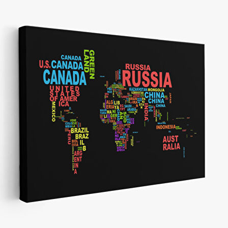 Harita Sepeti Siyah Zeminli Ülke İsimli Dünya Haritası Kanvas Tablo 1015