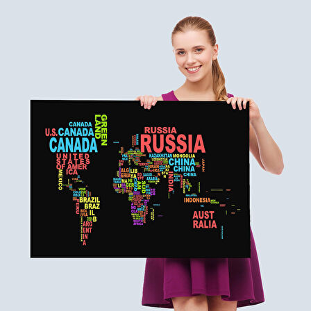 Harita Sepeti Siyah Zeminli Ülke İsimli Dünya Haritası Kanvas Tablo 1015