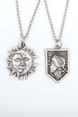 2'li Güneş ve Ay - Anime Attack On Titan Erkek Kadın Kolye Seti 925 Ayar Gümüş Kaplama