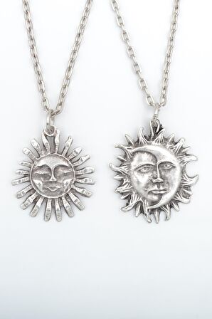 2'li Güneş ve Ay - Gülen Güneş  Erkek Kadın Kolye Seti 925 Ayar Gümüş Kaplama