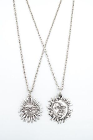 2'li Güneş ve Ay - Gülen Güneş  Erkek Kadın Kolye Seti 925 Ayar Gümüş Kaplama