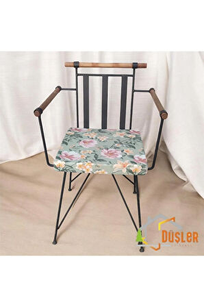 40x40 Çiçek Desenli Mint Yeşil Saten Fermuarlı Bağcıklı Sandalye Minderi 5 cm