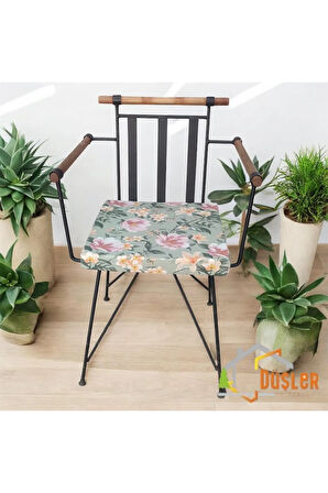 40x40 Çiçek Desenli Mint Yeşil Saten Fermuarlı Bağcıklı Sandalye Minderi 5 cm