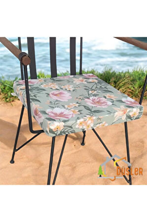 40x40 Çiçek Desenli Mint Yeşil Saten Fermuarlı Bağcıklı Sandalye Minderi 5 cm