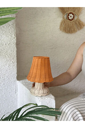 Turuncu Rattan & Bambu Masa Üstü Kablosuz Pilli Abajur Alt- Üst Rattan Masa Lambası