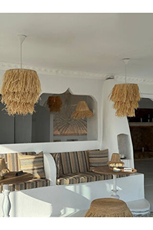 2'li Samos Büyük Püsküllü Rafya Hasır El Yapımı Bohem Tasarım Sarkıt Avize (2 ADET)