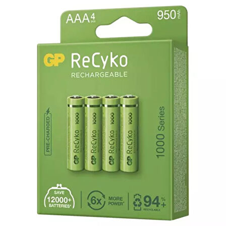 GP RECYKO 950 MAH AAA İNCE 4LÜ ŞARJLI KALEM PİL GP100AAAHCE-2EB4 (GPRHC103E001) (4825)