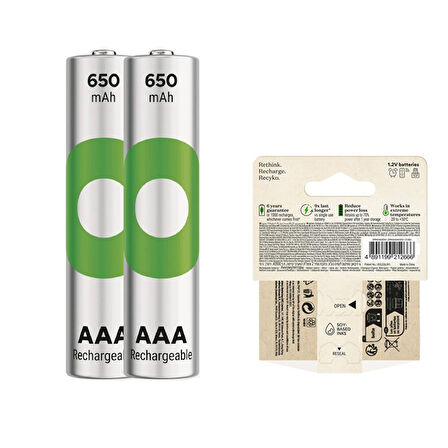 GP RECYKO 650 MAH R03 AAA ŞARJLI 2Lİ İNCE KALEM PİL GP65AAAHCE-2EB2 (GPRHCH63E000) (4825)