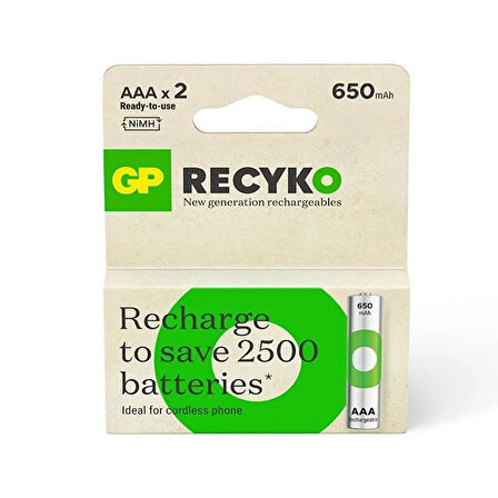 GP RECYKO 650 MAH R03 AAA ŞARJLI 2Lİ İNCE KALEM PİL GP65AAAHCE-2EB2 (GPRHCH63E000) (4825)