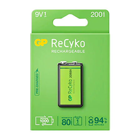 GP RECYKO 9 VOLT 200 MAH NI-MH ŞARJLI PİL GP20R8H-2E1-(GPRHV208R075) (4825)