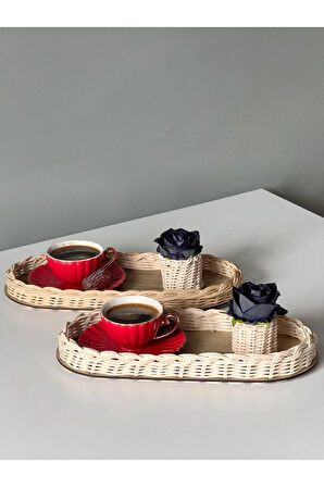 4'lü Rattan Düzenleyici Tepsi & Güllük Sunum Seti Kahve Sunumluğu (GÜL DAHİLDİR)