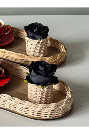 4'lü Rattan Düzenleyici Tepsi & Güllük Sunum Seti Kahve Sunumluğu (GÜL DAHİLDİR)