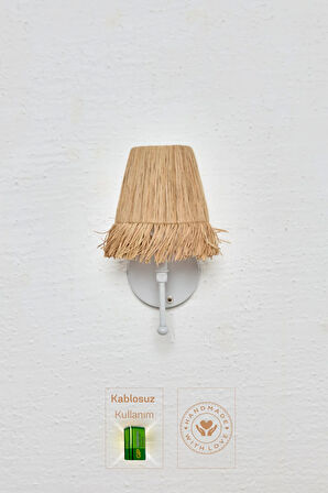 Bohem Hasır Rafya Saçaklı El Yapımı Beyaz Kablosuz Pilli Ledli Aplik