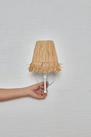 Bohem Hasır Rafya Saçaklı El Yapımı Beyaz Kablosuz Pilli Ledli Aplik