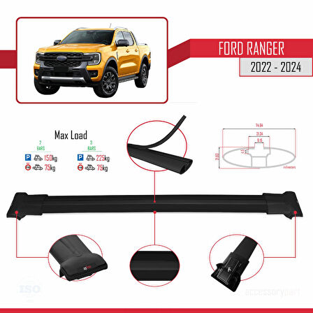 Ford Ranger (P703) 2022-2024 Arası ile Uyumlu FLY Model Ara Atkı Tavan Barı Siyah 2 Adet