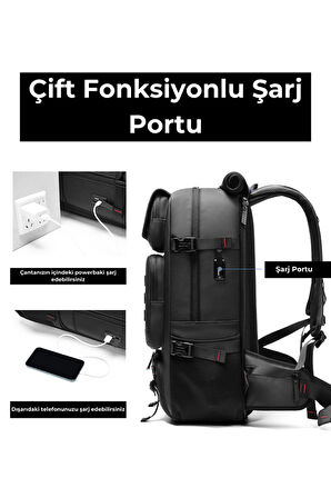 Su Geçirmez 17.3" inç 60L Ayakkabı Bölmeli Seyahat Sırt Çantası - Laptop Bölmeli, USB Şarj Girişli