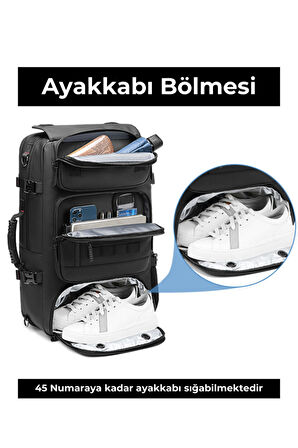 Su Geçirmez 17.3" inç 60L Ayakkabı Bölmeli Seyahat Sırt Çantası - Laptop Bölmeli, USB Şarj Girişli