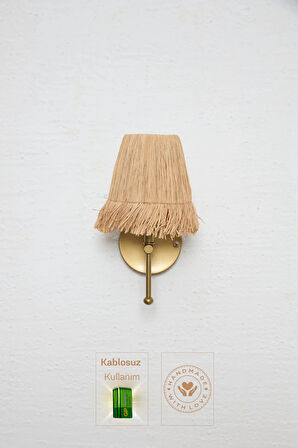 Bohem Hasır Rafya Saçaklı El Yapımı Eskitme Gold Kablosuz Pilli Ledli Aplik