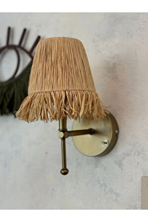 Bohem Hasır Rafya Saçaklı El Yapımı Eskitme Gold Kablosuz Pilli Ledli Aplik