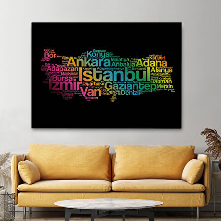 Harita Sepeti İller İsimli Siyah Zeminli Dekoratif Kanvas Tablo 1016