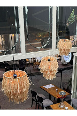 Samos Püsküllü 3 Katlı Rafya Hasır Dekoratif Sarkıt Avize