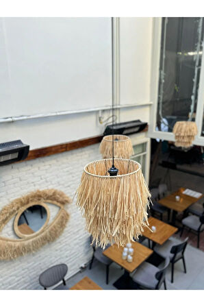 3'lü Samos Büyük Püsküllü Rafya Hasır El Yapımı Bohem Tasarım Sarkıt Avize (3 ADET)