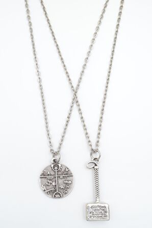 2'li Kam Şaman Davulu - Thor Çekiç Erkek Kadın Kolye Seti 925 Ayar Gümüş Kaplama